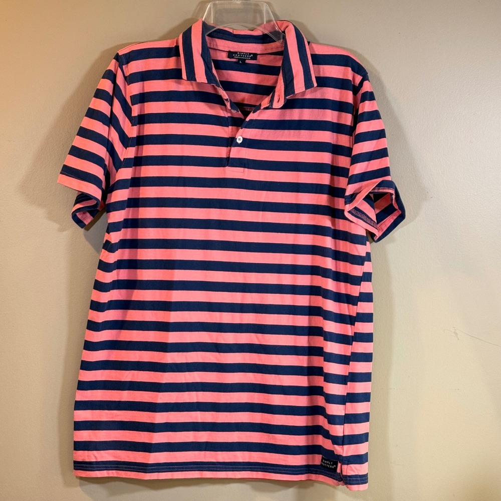 Simply Southern Polo Mens L Pink‎ Navy Blue Striped Short Sleeve Preppy Casual